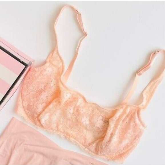 Victoria's Secret Peach Pink Lace Underwire Unpadded Bra Size 32DD Lingerie - Picture 1 of 5